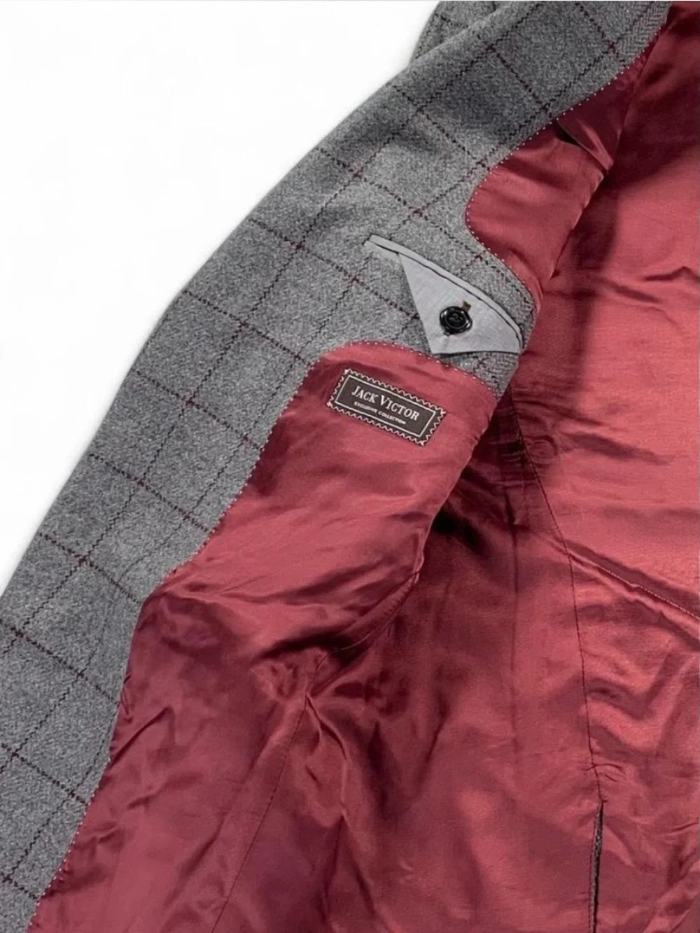 Jack Victor Wool and Cashmere Grey and Burgundy Windowpane Men's Blazer Size 42L